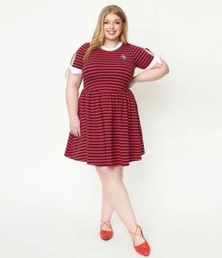 Fan Flair Popeye X Unique Vintage Plus Size Red & Navy Popeye Stripe Flare Dress