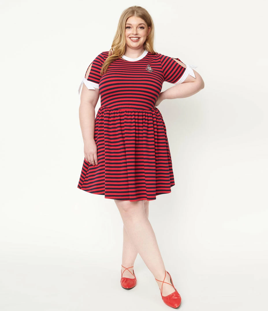 Fan Flair Popeye X Unique Vintage Plus Size Red & Navy Popeye Stripe Flare Dress