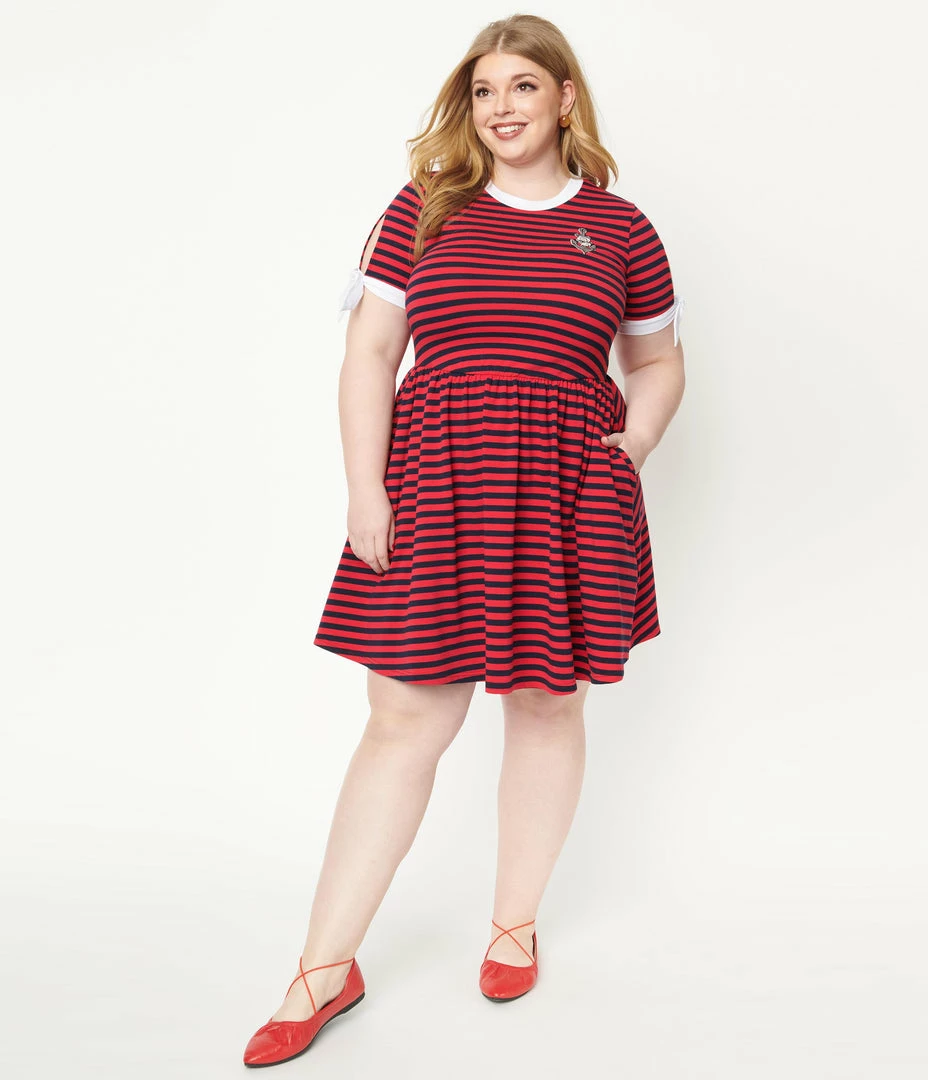 Fan Flair Popeye X Unique Vintage Plus Size Red & Navy Popeye Stripe Flare Dress