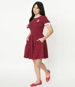 Popeye X Unique Vintage Red & Navy Popeye Stripe Flare Dress Fan Flair