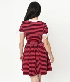 Popeye X Unique Vintage Red & Navy Popeye Stripe Flare Dress Fan Flair