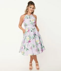 Unique Vintage Lilac & Purple Floral Lombard Swing Dress