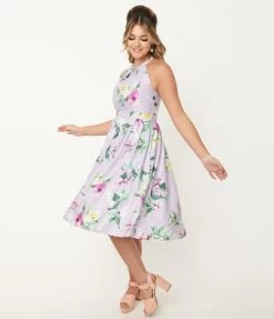 Unique Vintage Lilac & Purple Floral Lombard Swing Dress