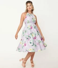 Unique Vintage Lilac & Purple Floral Lombard Swing Dress