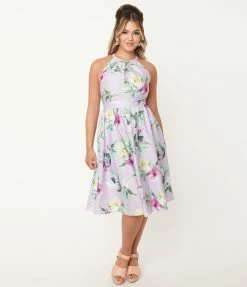Unique Vintage Lilac & Purple Floral Lombard Swing Dress