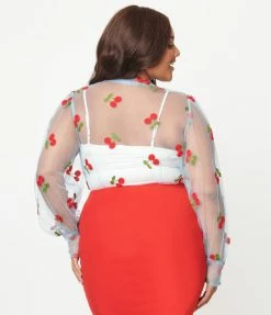Unique Vintage Plus Size Blue & Cherry Embroidered Sheer Gwen Blouse New Arrivals!