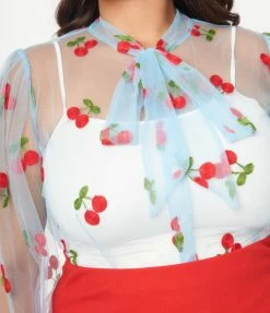 Unique Vintage Plus Size Blue & Cherry Embroidered Sheer Gwen Blouse New Arrivals!