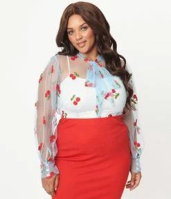 Unique Vintage Plus Size Blue & Cherry Embroidered Sheer Gwen Blouse New Arrivals!