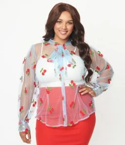 Unique Vintage Plus Size Blue & Cherry Embroidered Sheer Gwen Blouse New Arrivals!