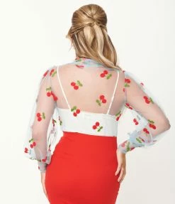 Unique Vintage Blue & Cherry Embroidered Sheer Gwen Blouse New Arrivals!