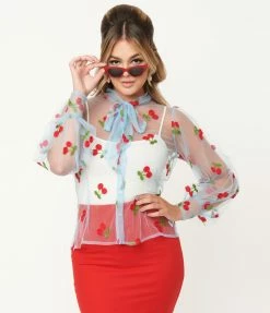 Unique Vintage Blue & Cherry Embroidered Sheer Gwen Blouse New Arrivals!