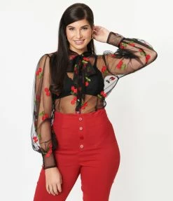 Unique Vintage Black & Cherry Embroidered Sheer Gwen Blouse Sale
