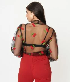 Unique Vintage Black & Cherry Embroidered Sheer Gwen Blouse Sale