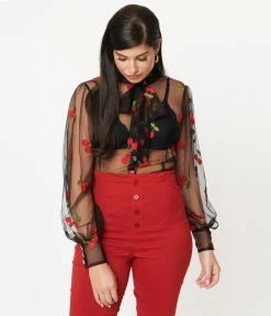Unique Vintage Black & Cherry Embroidered Sheer Gwen Blouse Sale