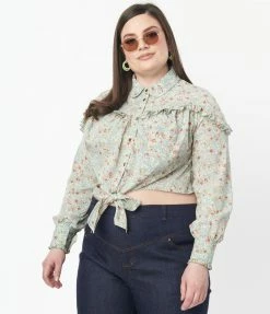Unique Vintage Plus Size Mint & Multicolor Ditsy Floral Annie Blouse Sale