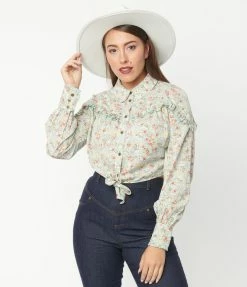 Sale Unique Vintage Mint & Multicolor Ditsy Floral Annie Blouse