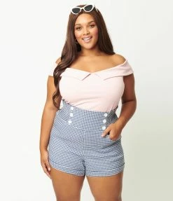 Unique Vintage Plus Size Blue Gingham Nautical Sandy Shorts