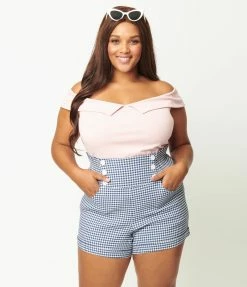 Unique Vintage Plus Size Blue Gingham Nautical Sandy Shorts