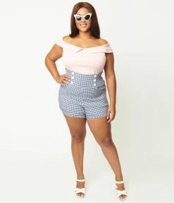 Unique Vintage Plus Size Blue Gingham Nautical Sandy Shorts