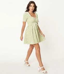 Smak Parlour Green Gingham Eyelet Woodstock Flare Dress