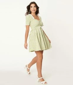 Smak Parlour Green Gingham Eyelet Woodstock Flare Dress