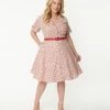 Unique Vintage Plus Size Red Gingham & White Eyelet Belted Shirtdress Sale