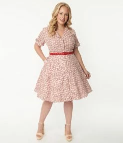 Unique Vintage Plus Size Red Gingham & White Eyelet Belted Shirtdress Sale