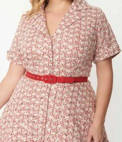 Unique Vintage Plus Size Red Gingham & White Eyelet Belted Shirtdress Sale