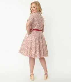 Unique Vintage Plus Size Red Gingham & White Eyelet Belted Shirtdress Sale