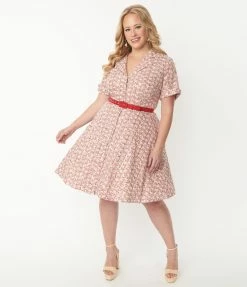 Unique Vintage Plus Size Red Gingham & White Eyelet Belted Shirtdress Sale