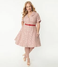 Unique Vintage Plus Size Red Gingham & White Eyelet Belted Shirtdress Sale