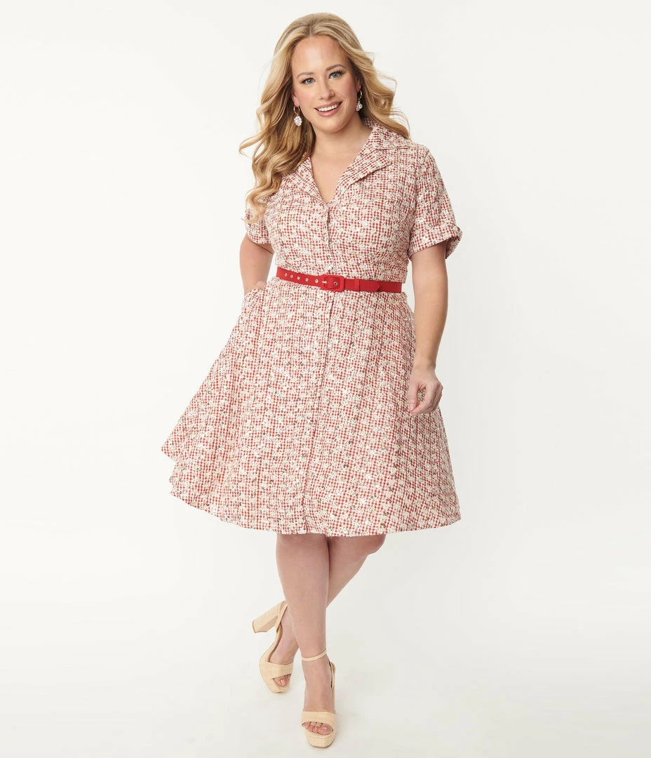 Unique Vintage Plus Size Red Gingham & White Eyelet Belted Shirtdress Sale