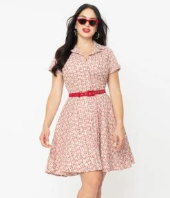 Sale Unique Vintage Red Gingham & White Eyelet Belted Shirtdress