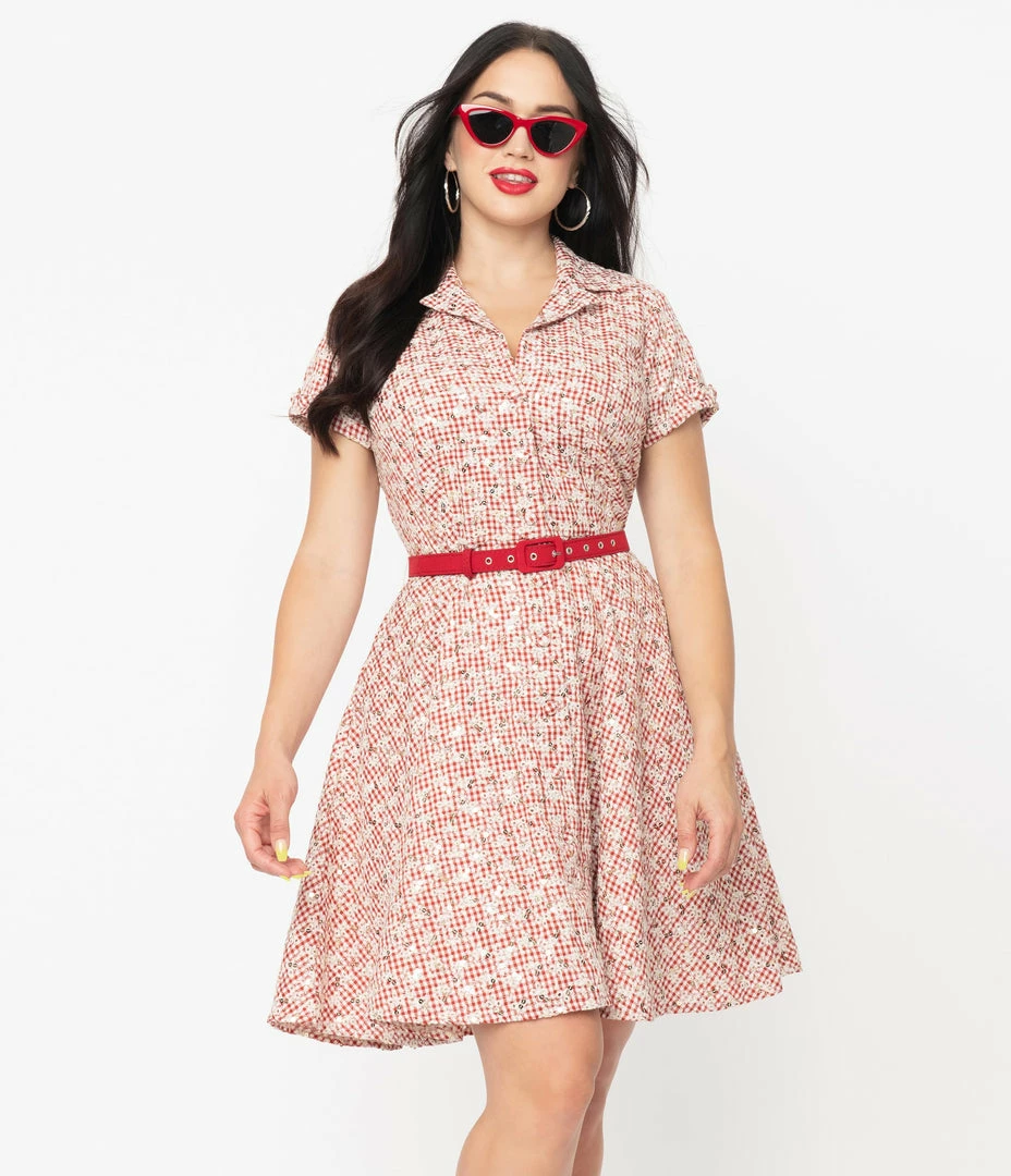 Sale Unique Vintage Red Gingham & White Eyelet Belted Shirtdress
