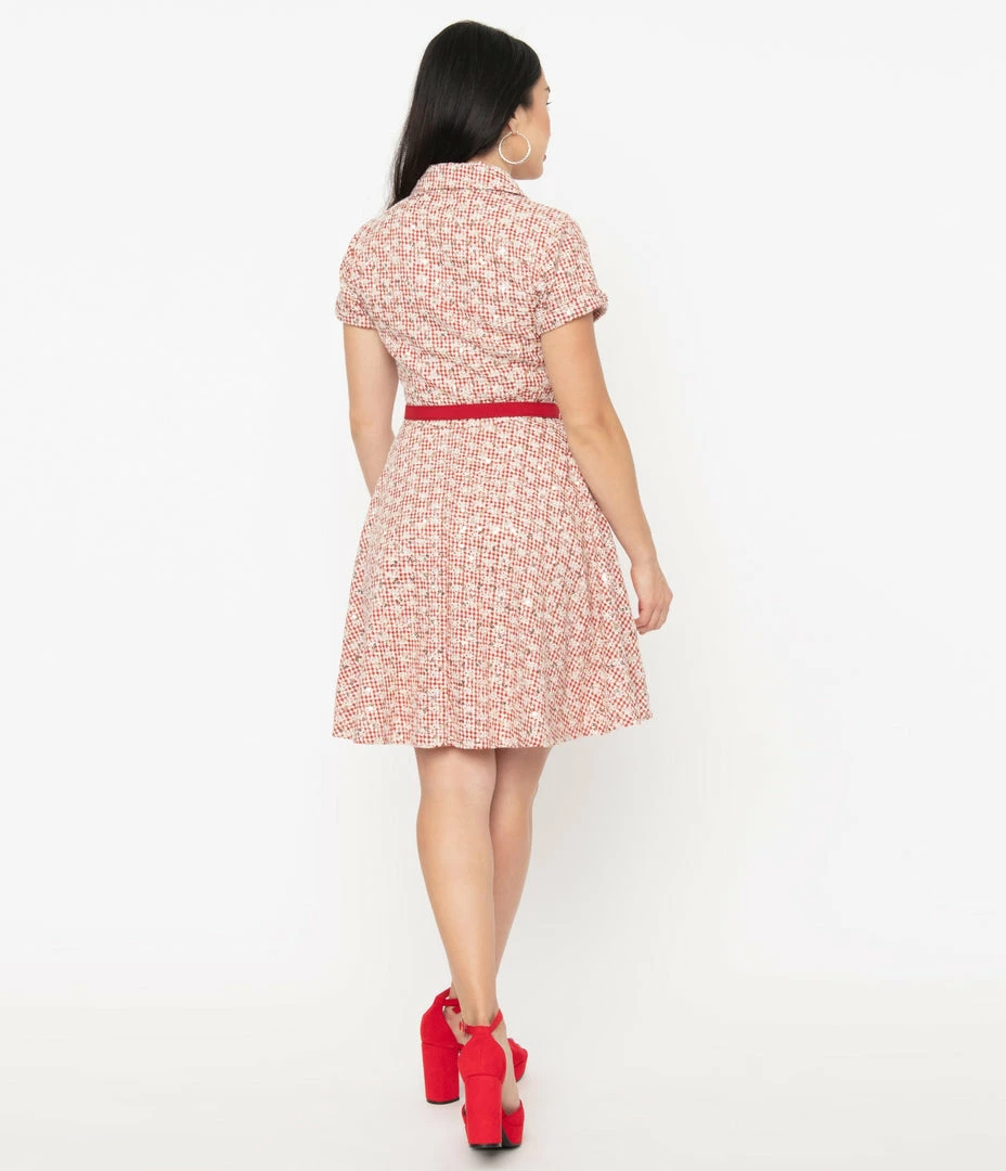 Sale Unique Vintage Red Gingham & White Eyelet Belted Shirtdress
