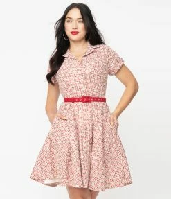 Sale Unique Vintage Red Gingham & White Eyelet Belted Shirtdress
