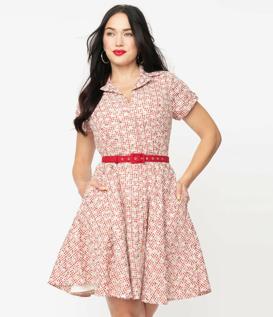 Sale Unique Vintage Red Gingham & White Eyelet Belted Shirtdress