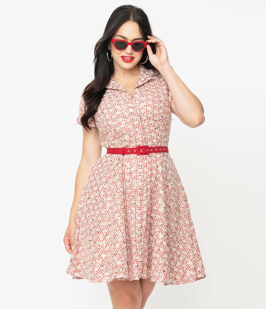 Sale Unique Vintage Red Gingham & White Eyelet Belted Shirtdress