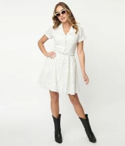 Wedding Unique Vintage White Eyelet & Sequin Belted Shirtdress
