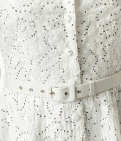 Wedding Unique Vintage White Eyelet & Sequin Belted Shirtdress