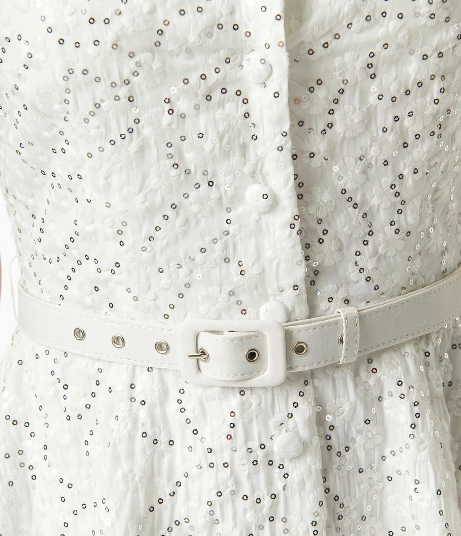 Wedding Unique Vintage White Eyelet & Sequin Belted Shirtdress