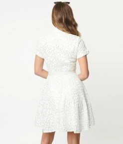Wedding Unique Vintage White Eyelet & Sequin Belted Shirtdress