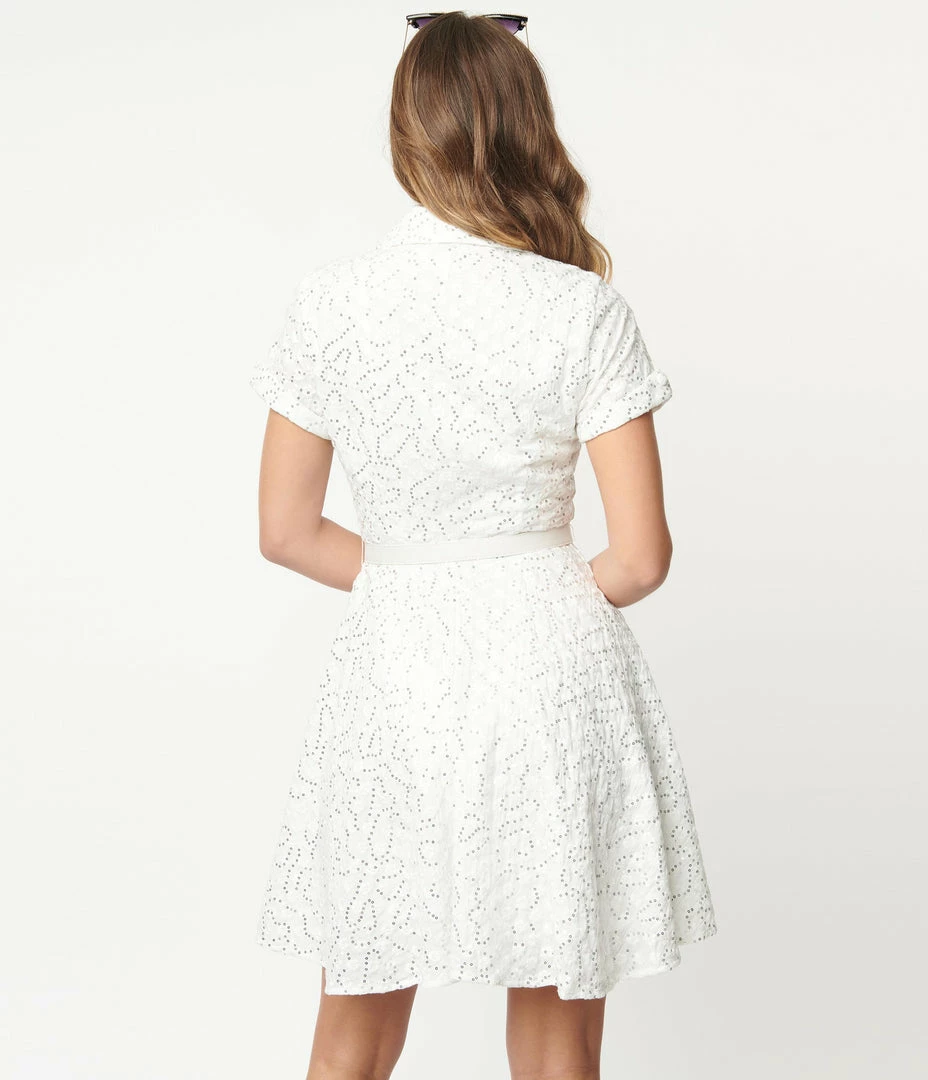 Wedding Unique Vintage White Eyelet & Sequin Belted Shirtdress