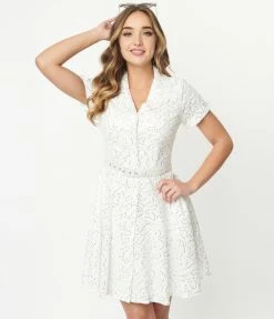 Wedding Unique Vintage White Eyelet & Sequin Belted Shirtdress