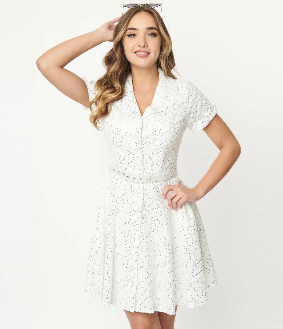 Wedding Unique Vintage White Eyelet & Sequin Belted Shirtdress