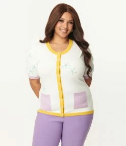 Unique Vintage Plus Size Ivory & Floral Telluride Cardigan Sweater Sale