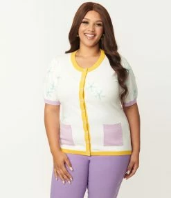 Unique Vintage Plus Size Ivory & Floral Telluride Cardigan Sweater Sale