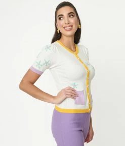 Unique Vintage Ivory & Floral Telluride Cardigan Sweater