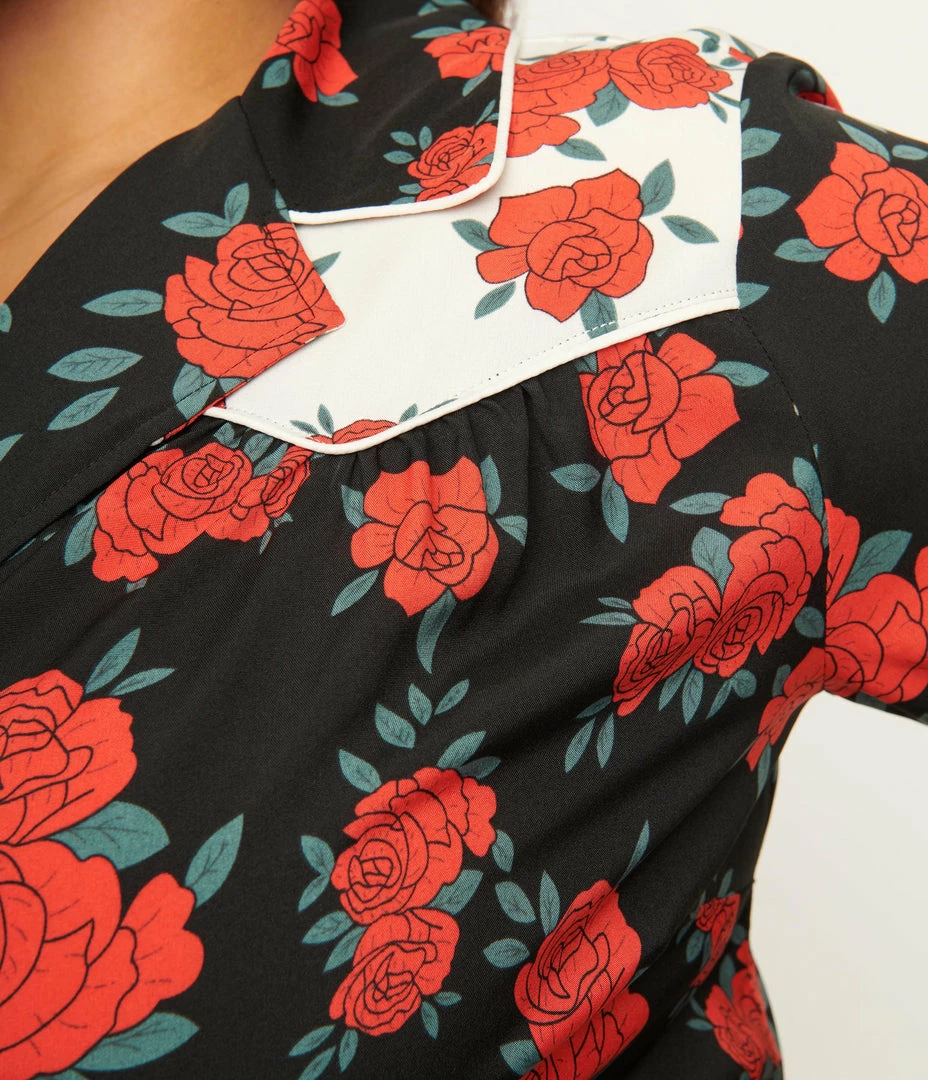 Sale Unique Vintage Plus Size 1950s Black & Red Floral Wrap Star Crop Top