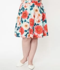 Sale Unique Vintage Plus Size Mint & Red Floral Flare Skirt